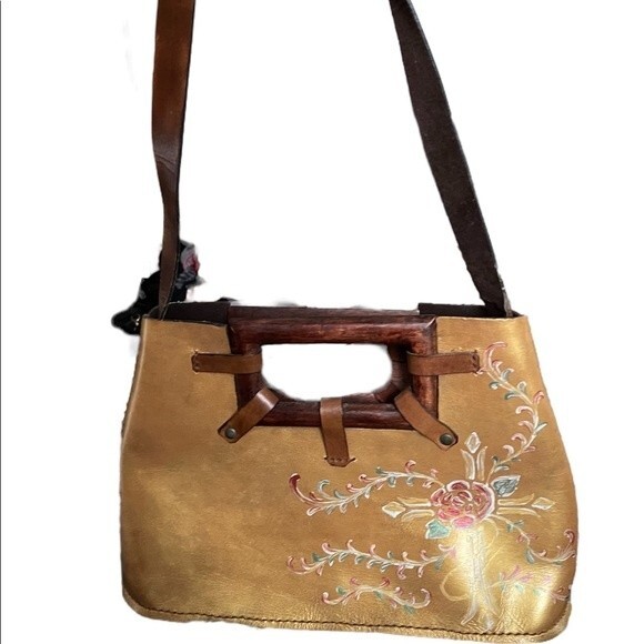 Hand Painted Leather Purse/Bag/Tote with Wooden Handles. Gold w/ Cross and Rose - Picture 2 of 10